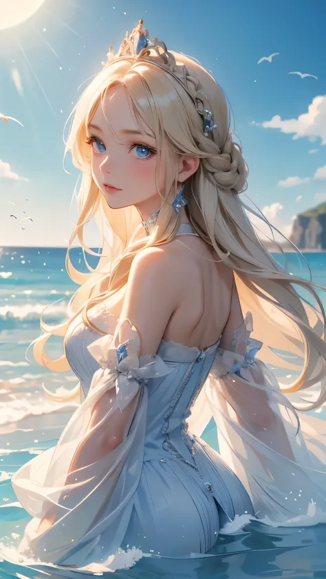 ,((highest quality))),8k,((masterpiece)),(Very sophisticated and beautiful), A girl emerges from the sea, The Swan Princess of Russian Mythology, Beautiful calm face, blue eyes, Long blonde hair braided, Moon braid at the back of the head, With a kokoshnik...