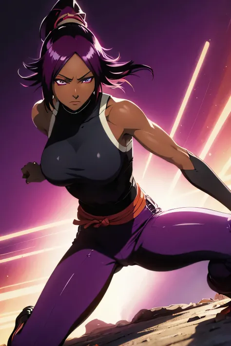 1 woman, yoruichi shihouin, dark skinned, long dark purple hair, ponytail, ((detailed eyes:1.2)), wearing tanktop, sexy, sensual, sleeveless, underboob, masterpiece, top quality, best quality, official art, beautiful and aesthetic:1.2), extreme detailed, c...