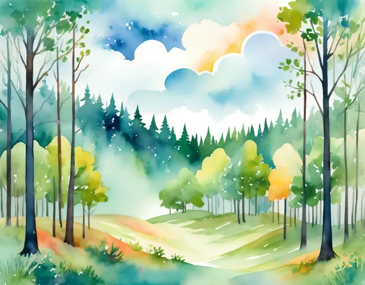 illustration book style, watercolor, forest, trees, clouds, positive colors, cute，Xill