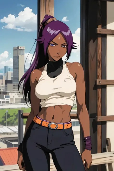 1 woman, yoruichi shihouin, dark skinned, long dark purple hair, ponytail, ((detailed eyes:1.2)), wearing tanktop, sexy, sensual...