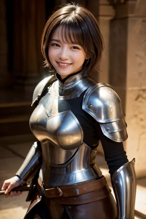 highest quality, masterpiece, Ultra-high resolution, (Reality: 1.4), Original photo, 1 woman, mature, happy smile, short hair, plump body, , Cinema Lighting, from below,Medieval warrior、Leather Armor