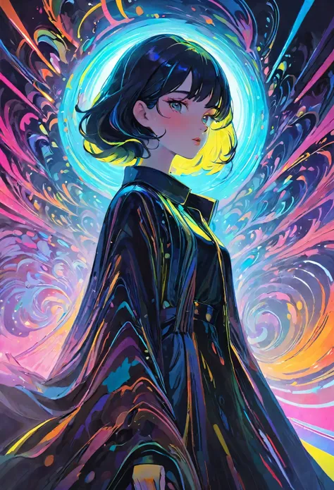 In a mesmerizing oil painting, a mysterious figure emerges from a haze of swirling colors. Their retro attire shines with metallic accents, while vibrant neon lights illuminate their expressionless face. The composition exudes nostalgia and intrigue, leavi...