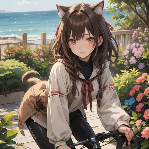 Cat with brown ribbon、Brown Hair、Brown eyes、Brown clothes、Enjoy cycling、garden、By the Sea