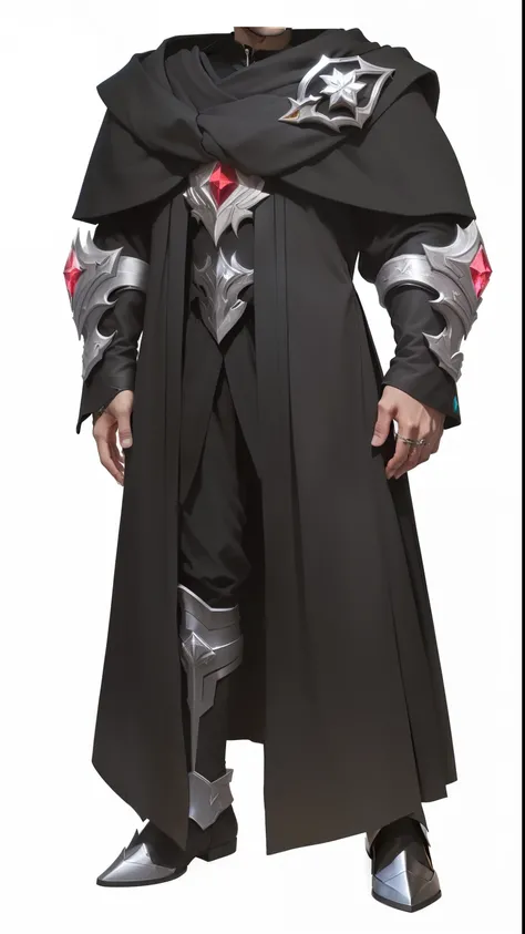 A black fighter，Red crystal gemstones，silvery metal，Pleated detailing，Pattern details，Fabric texture，silvery，robe，League of Legends ，Whole body concept, , noble elf male in black robe， Extremely high detail，Metallic luster，4K，High precision