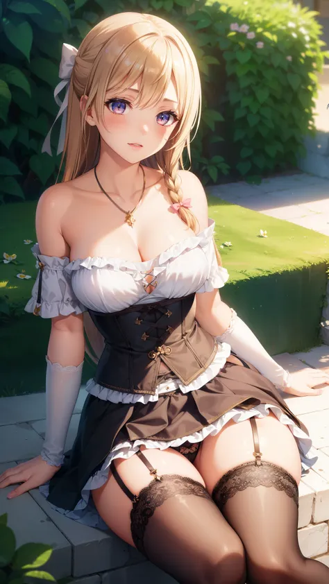 1girl, natural lighting, masterpiece, highly detailed, illustration, game CG, absurdres, high quality, beautiful detailed eyes, glossy lips, natural lighting, medium breasts, klaudia valentz, lace, blush, garden, strapless corset, thigh highs, panties, nec...