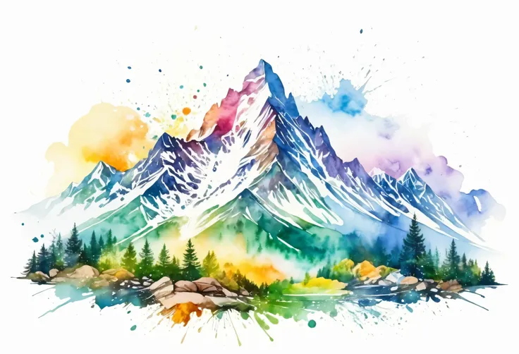 double exposure Captivating mountain landscape, intricate watercolor paint splashes on a white background.