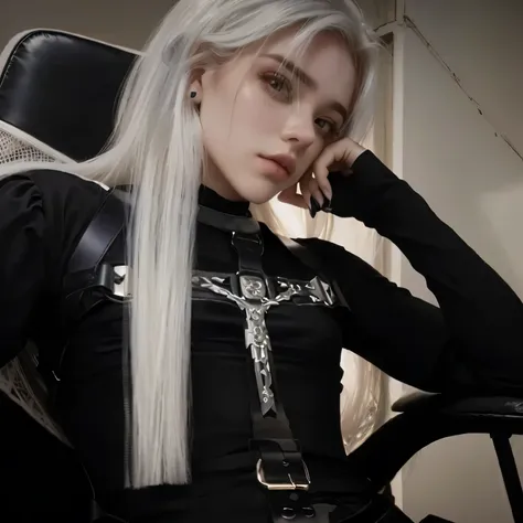 um close de uma pessoa sentada em uma cadeira com uma cruz, tifa lockhart com cabelo branco, com cabelos longos brancos, com longos cabelos brancos, her hair is white, cyborg - girl with cabelo prateado, cabelo prateado (rabo de cavalo), Senhor Supremo Bil...