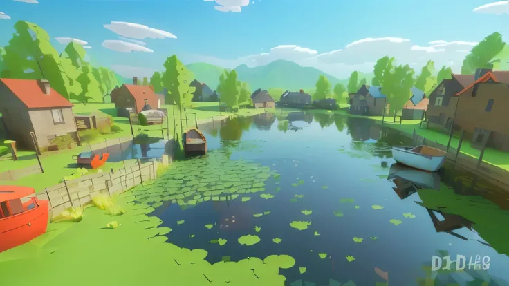 there is a small pond with a boat in it and a house in the background, Stylized 3d rendering, 3D rendering style, Stylized as 3D rendering, background technologywork, pond landscape, 3 d stylize scene, pond scene, pond, Detailed 2D illustrations, Small lak...