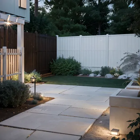 White tall fence, solar, outdoor lighting, small fence, fence, White accent lighting, glowing White accent lighting, Pleasant lighting, soft filtered outdoor lighting, LED lights around, Top angle view, Visually stunning, Outdoor lighting, Modern design, o...