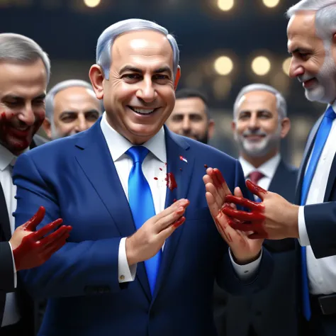 (masterpiece:1.2) (photorealistic:1.2) (bokeh) (best quality) (detailed skin) (intricate details) (8k) (high poly) (ray tracing) (cinematic lighting) (sharp focus),( full body:1.2),  (half body:1.2) The truth of clean smiling Benjamin Netanyahu (trying to ...