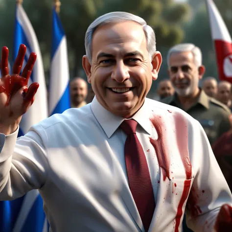 (masterpiece:1.2) (photorealistic:1.2) (bokeh) (best quality) (detailed skin) (intricate details) (8k) (high poly) (ray tracing) (cinematic lighting) (sharp focus),( full body:1.2),  (half body:1.2) The truth of clean smiling Benjamin Netanyahu (trying to ...