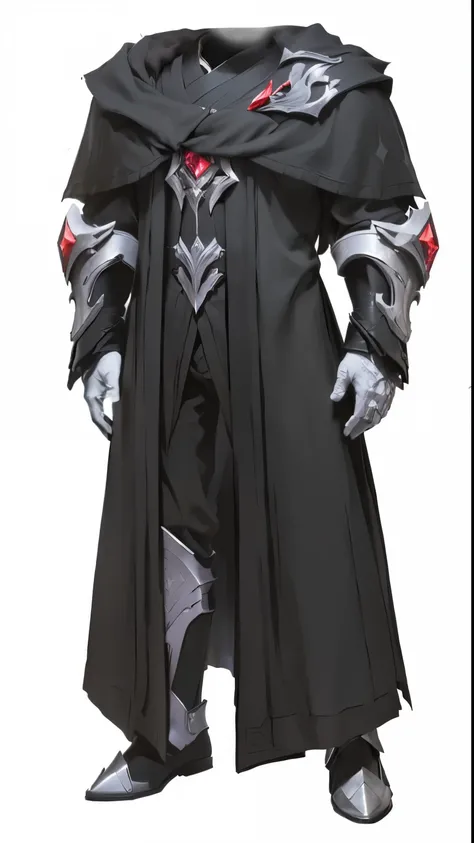 A black fighter，Red crystal gemstones，silvery metal，Pleated detailing，Pattern details，Fabric texture，silvery，robe，League of Legends ，Whole body concept, , noble elf male in black robe， Extremely high detail，Metallic luster，4K，High precision