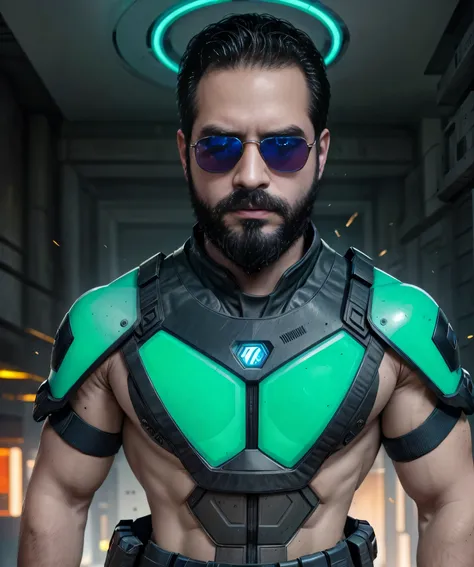 a well-built man with a dark beard and sunglasses, wearing a futuristic combat suit with luminous details in shades of neon blue...