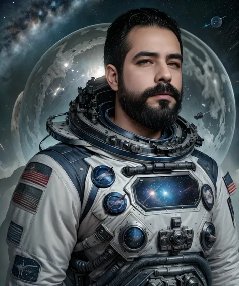 a well-built man with a dark beard and sunglasses, wearing a high-tech space suit with blue and silver details, se encuentra en ...