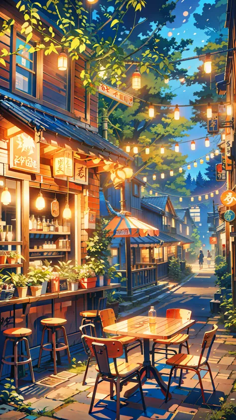 a street restaurant with tables and chairs in the woods, cozy cafe background, pleasant cozy atmosphere, anime atmospheric, dream atmosphere, cozy atmosphere, soft neon atmosphere, anime scenery, cgsociety 9, by Evgeny Lushpin, neon ambiance, dream - like ...