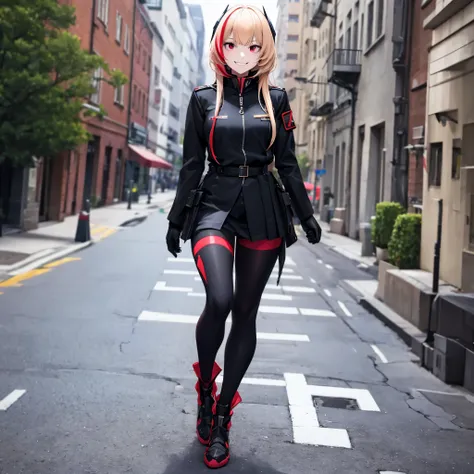 a woman wearing a black uniform with red details, black metal boots, metal gloves, blonde hair, red bangs, red eyes, smiling, fu...