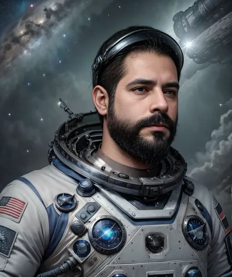 a well-built man with a dark beard and sunglasses, wearing a high-tech space suit with blue and silver details, se encuentra en ...