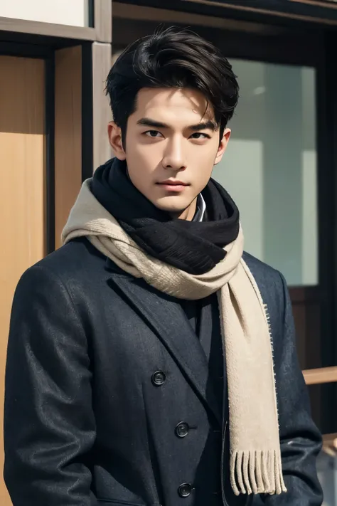 一个男人在房间里sideways坐着，wrap around a scarf，bust，sideways，no beard，perfect face