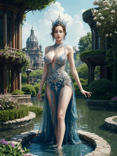 epic bizzare surreal garden on floating surface, layered body of water, overgrowth flower, (masterpiece, top-quality, ultra-detailed, hyper-realistic:1.3), decadent, headpiece, elegance, jewelry dress, looking at viewer, huge breasts, 