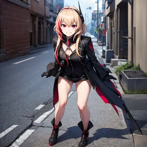 a woman wearing a black uniform with red details, black metal boots, metal gloves, blonde hair, red bangs, red eyes, smiling, fu...