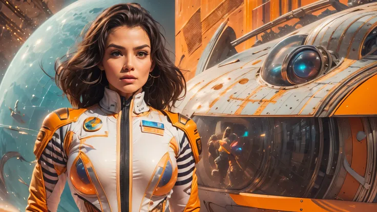 arafed image of a white woman in a futuristic suit with a spaceship in the background, movie art, in front of an orange background, inspired by Robert McGinnis, female protagonist, megastructure in the background, portrait of an ai astronaut, astronauts, a...