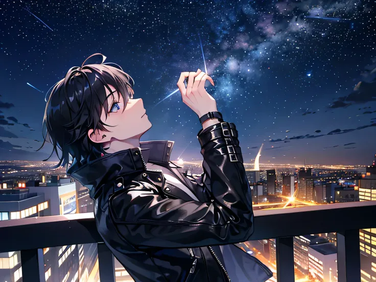 Young man looking up at the sky、 eye、City night view、Beautiful night sky、Big shooting star、Black leather jacket、Black Hair