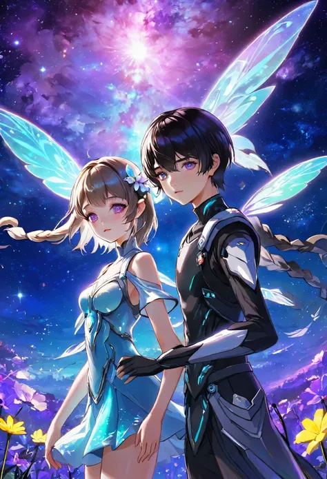 ((knee shot)), ((A boy and a yinji girl)), ((Long shot)),4k ultra hd, masterpiece, a girl, good face, detailed eyes, detailed lips, flower fairy girl, neon lights, Standing posture, (galaxy background:1.5), in the heaven,