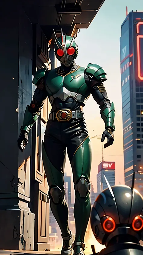 A man wearing a full-face helmet, a fantasy-style biotech armored combat suit, green eyes, (a composite layered chest armor), fully enclosed shoulder guards, matching arm and leg guards, the belt is adorned with exhaust pipes, (the color scheme is primaril...