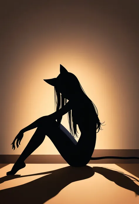 the silhouette of a beautiful slender girl with long hair in a sitting position in the form of a shadow, it is possible with cat ears,Xill