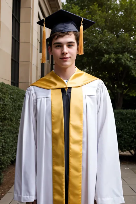 white American male，Age 23 years，Wearing a university graduation gown，Those bachelor&#39;s hats in my hands，With a smile on your face