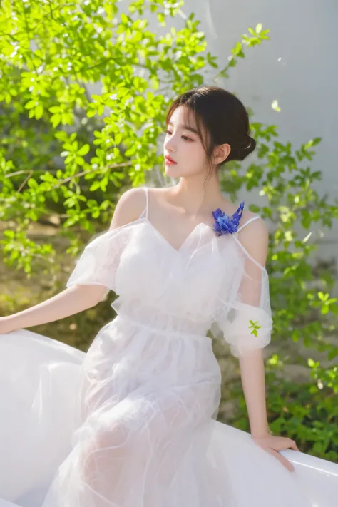 there is a woman in a white dress sitting in a bathtub, translucent dress, ethereal beauty, ethereal and dreamy, a stunning young ethereal figure, sakimichan, ethereal wings, light effect. feminine, summer morning, dreamy and ethereal, heonhwa choe, wearin...