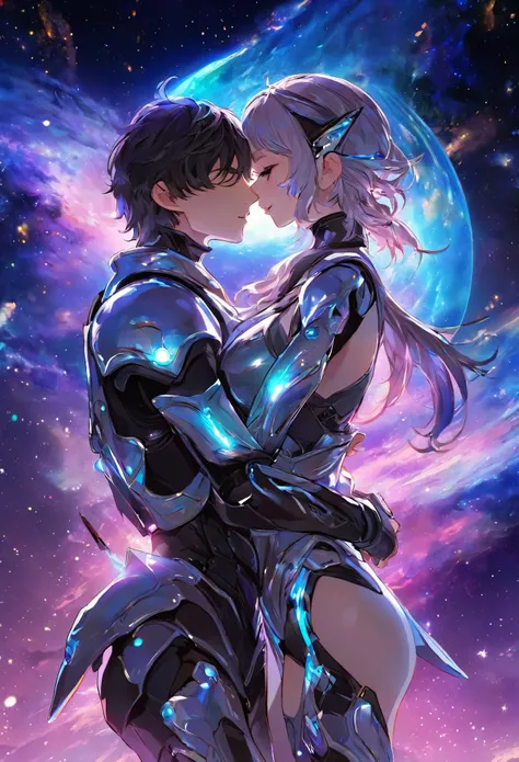 ((full body)), ((A boy and a yinji girl)), ((Long shot)), ((Armor, Hug, kiss)), Two-man match, 4k ultra hd, masterpiece, good face, detailed eyes, detailed lips, neon lights, (galaxy background:1.5), in the heaven,