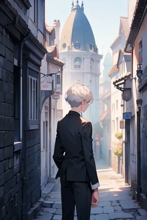 The white-haired boy touching the back of his head, wearing black suit, Upper body, Stand on the streets of the ancient town, Back views, Back Shadow, 4 k ], [ 4 k digital art ]