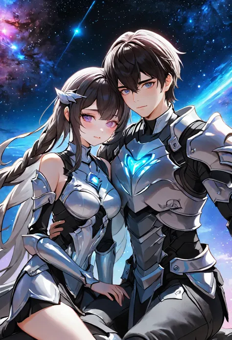 ((full body)), ((A boy and a yinji girl)), ((Long shot)), ((Armor, Lean together, head on shoulder)), Two-man match, 4k ultra hd, masterpiece, good face, detailed eyes, detailed lips, neon lights, (galaxy background:1.5), in the heaven, sitting on the unic...