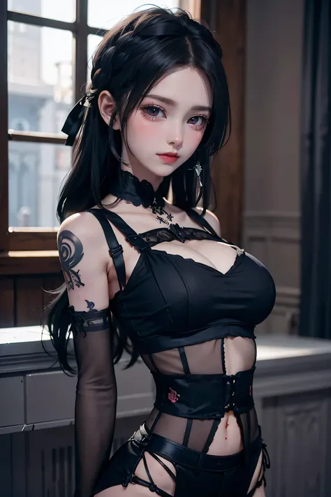 Beautiful Gothic Lolita Girl, Silky black hair in braids, blue eyes, Thin lips, Round face, Small and flat chest, 18 year old lolita, Relax in gothic style clothing，(((He has many tattoos all over his body)), (((Tight waist))), ((Big Breasts)),((See-throug...