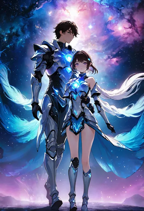 ((full body)), ((A boy and a yinji girl)), ((Long shot)), ((Armor)), ((Walk hand in hand)), Two-man match, 4k ultra hd, masterpiece, good face, detailed eyes, detailed lips, neon lights, (galaxy background:1.5), in the heaven, Dissolving is correct