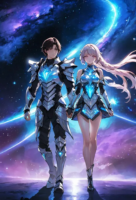 ((full body)), ((A boy and a yinji girl)), ((Long shot)), ((Armor)), ((Walk hand in hand)), Two-man match, 4k ultra hd, masterpiece, good face, detailed eyes, detailed lips, neon lights, (galaxy background:1.5), in the heaven, Dissolving is correct