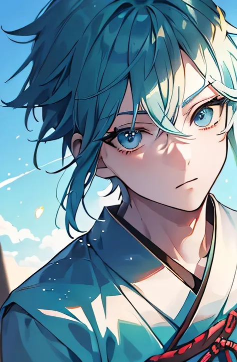 male　Green Hair　blue eyes　new year　Young Samurai　Japanese House　blue sky　masterpiece　Best image quality　Clear Parts Cinematic Shadows　Increased eye appeal　Clearing the sparkle in the eyes　Draw eyelashes neatly　Perfect Eyes　Detailed eyes　Sharpen image quali...