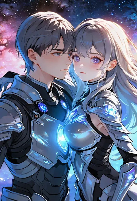 ((full body)), ((A boy and a yinji girl)), ((Long shot)), ((Armor)), ((Lying on the ground, girl on the boys chest)), Two-man match, 4k ultra hd, masterpiece, good face, detailed eyes, detailed lips, neon lights, (galaxy background:1.5), in the heaven, Dis...