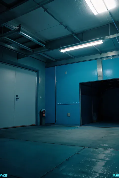 empty car garage in neon blue game style