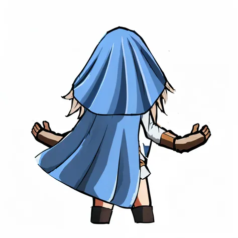 cartoon drawing of a woman in a Blue cloak and boots, waving robe motion, Blue cloak, The cloak flutters in the wind, Cloaked in a flowing cloak, Visual Novel Genie, Azure Cape, Epic Mage Girl Character, Wizard&#39;s T-pose, Blue cape, 2D Sprites, Dressed ...