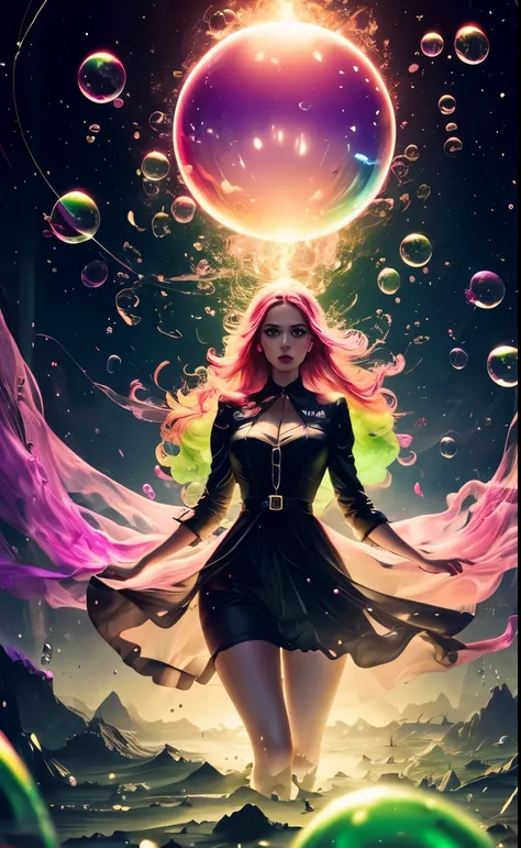 A crunchy dreamy woman in charge of colorful jet black, a wide landscape shot of a techno nightmarish landscape background, a mysterious, translucent glow of green and pink liquid in tattered womens church clothes. The body of a sphere filled with bubbles ...