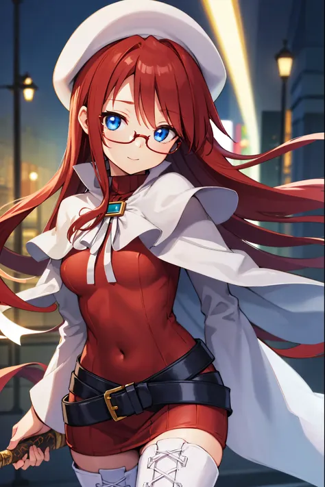 summonnightaty, aty, (young:1.3),long hair, blue eyes, red hair, large_beret, hat, glasses,
BREAK long hair, thighhighs, hat, dress, boots, glasses, belt, cape, sweater, zettai ryouiki, beret, thigh boots, white footwear, ribbed sweater, loose belt,solo,
B...