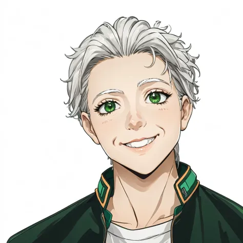 white hair and white eyebrows, green eyes, smile, thick outlines, thick outline drawing,