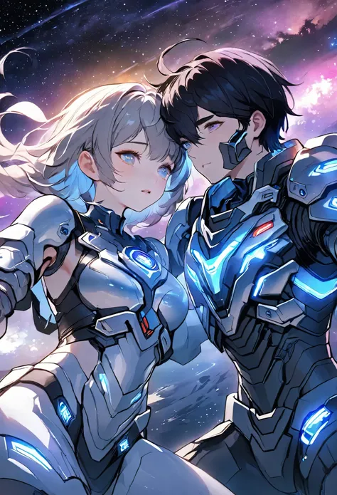 ((full body)), ((A boy and a yinji girl)), ((Long shot)), ((Armor)), ((Lie flat on the ground and embrace)), Two-man match, 4k ultra hd, masterpiece, good face, detailed eyes, detailed lips, neon lights, (galaxy background:1.5), in the heaven, Dissolving i...