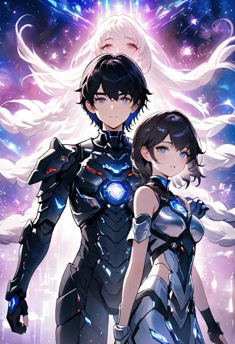 ((full body)), ((A boy and a yinji girl)), ((Long shot)), ((Armor)), ((Walk hand in hand)), Two-man match, 4k ultra hd, masterpiece, good face, detailed eyes, detailed lips, neon lights, (galaxy background:1.5), in the heaven, Dissolving is correct