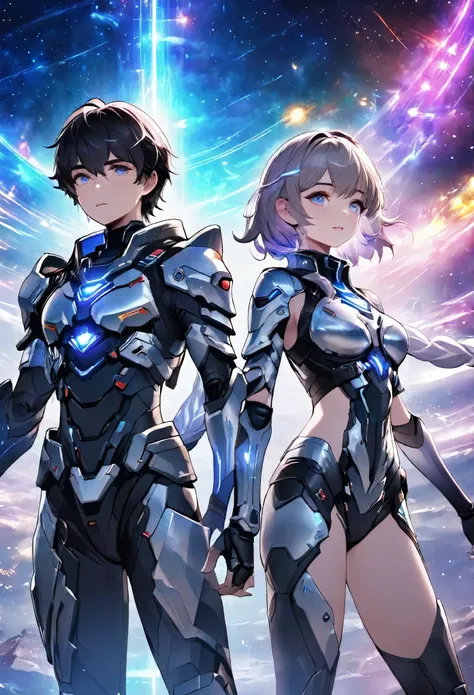 ((knee shot)), ((A boy and a yinji girl)), ((Long shot)), ((Armor, battle stance)), Two-man match, 4k ultra hd, masterpiece, good face, detailed eyes, detailed lips, neon lights, Standing posture, (galaxy background:1.5), in the heaven,