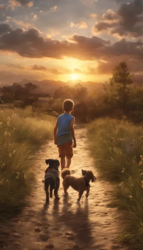 landscape, sunset, Children and dogs playing