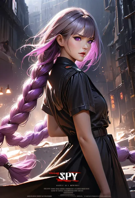 realistic cinematic spy thriller poster, a couple of spies back to back,  man and woman standing back-to-back looking at the viewer, yinji , purple hair,purple eyes,very long hair,grey hair,double braid,gradient hair,  high contrast lighting, dramatic shad...