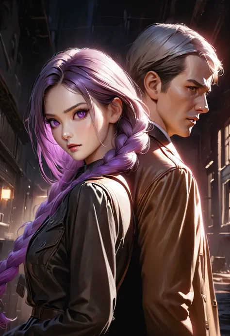 realistic cinematic spy thriller poster, a couple of spies back to back,  man and woman standing back-to-back looking at the viewer, yinji , purple hair,purple eyes,very long hair,grey hair,double braid,gradient hair,  high contrast lighting, dramatic shad...